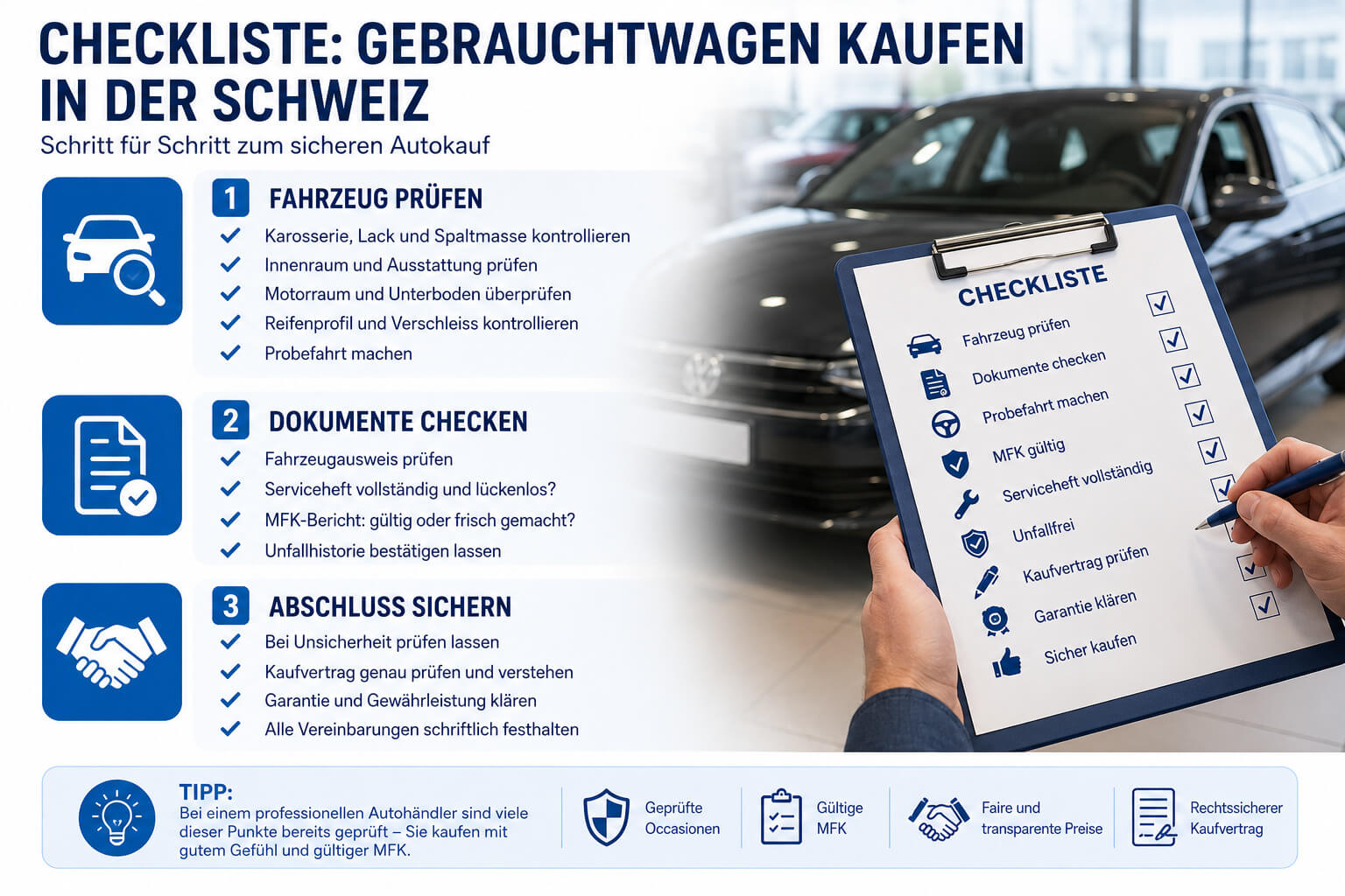 Checkliste Gebrauchtwagen kaufen in der Schweiz: Fahrzeug prüfen, Dokumente und MFK checken, Kaufvertrag und Garantie sichern – Schritt für Schritt zum sicheren Autokauf