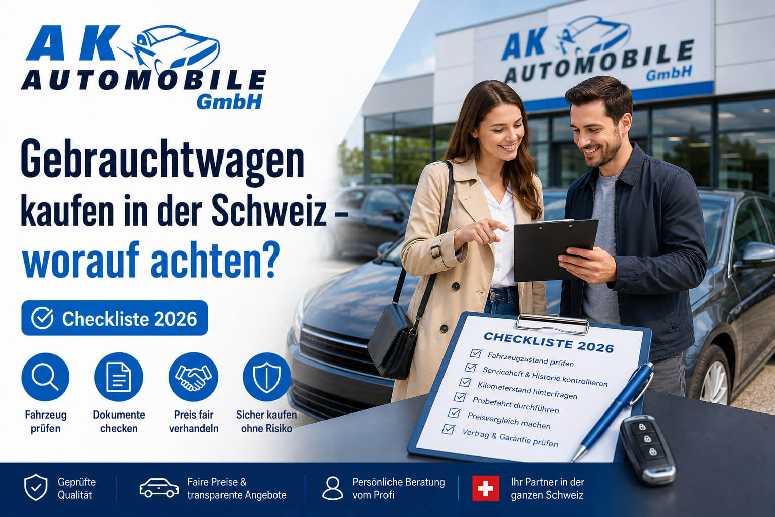 Gebrauchtwagen kaufen in der Schweiz – worauf achten: Checkliste 2026 von AK Automobile mit Beratung beim Autohändler